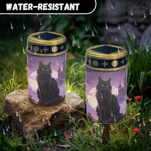 Poceacles Solar Lights Outdoor Waterproof Cemetery Solar Outdoor Candle Grave Decoration Votive Candles Blessed Lights for Loss of Loves One, Black Cat Maple Leaf Bat Print Violet, Pack of 4 - Image 6