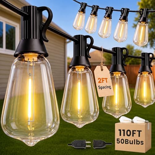 110FT(100+10) String Lights Outdoor, 2FT Bulb Spacing, Waterproof Shatterproof Warm White ST38 LED Edison Bulbs, Extension Cord, Plug in Connectable Hanging Patio Lights for Outside, Backyard by Unknown