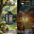 Stained Glass Style Solar Lantern Outdoor Garden Hanging Lantern Sunflower Stained Glass Spring Color Mosaic Design Waterproof Solar Powered Lighting Outside Table Lamp for Patio Deck Yard Camping - Image 4