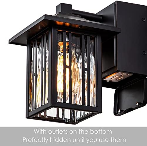 Outdoor Porch Lights with GFCI Outlet, Black Exterior Wall Lights Fixture for House, Patio Lights Wall Mount with Water Ripple Glass, Waterproof Outside Wall Sconce for House, 2 Packs - Image 3