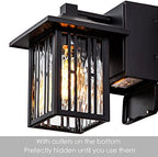 Outdoor Porch Lights with GFCI Outlet, Black Exterior Wall Lights Fixture for House, Patio Lights Wall Mount with Water Ripple Glass, Waterproof Outside Wall Sconce for House, 2 Packs - Image 3