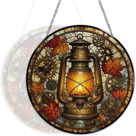 Autumn Lantern Gears Stained Glass Suncatcher 11.8" Colorful Window Hanging Ornament, Sun Catcher Decor for Bathroom Front Door Living Room Home Wall Garden - Image 5