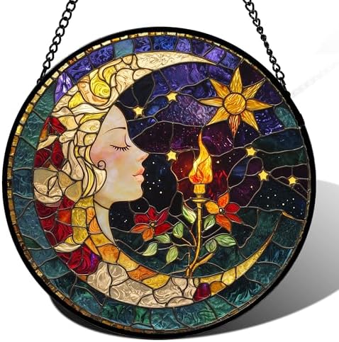Moon Goddess and Rose Stained Glass Window Hanging Suncatcher Gifts 15" by DASTOLL