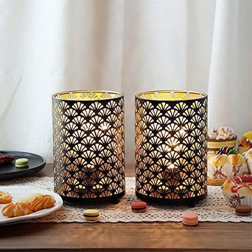 TRIROCKS Set of 12 Table Lamp 6.5'' Tall Metal Cordless Table Lamp Bronze Lanterns with Warm Fairy Lights Bulb for Patio Garden Wedding Parties Indoor Outdoor(Scalloped Hollow Pattern) - Image 5