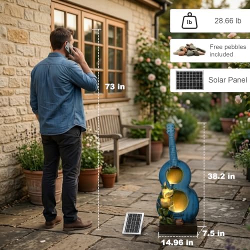 38.2" H Solar Outdoor Water Fountain with LED Lights, Guitar Design Cascading Water Feature for Garden Patio Backyard Porch Yard Decor - Image 2