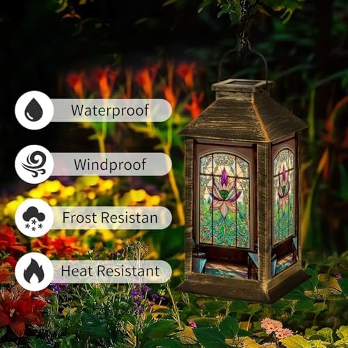 Solar Lantern Victorian Stained Glass Lotus Patterns Outdoor Waterproof Garden Hanging Lantern Solar Powered Lighting Outside Table Lamp for Patio Deck Camping 1 Pack - Image 2