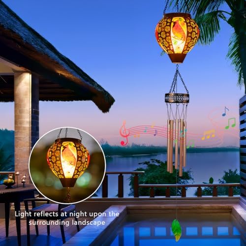 Starsoul Solar Wind Chimes for Outside, Cardinal Hot Air Balloon with Flickering Flame Solar Wind Chime, Glass Windchimes Outdoors Garden Decor, Gift for Mother's Day Mom Grandma - Image 3