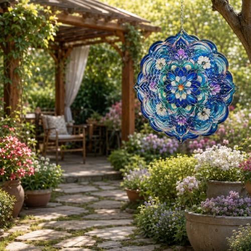 Shwing 12 Inch Wind Spinner Hanging Wind Sculptures Purple Blue Floral Metal Decor Double Sided Outdoor Kinetic Garden Art 3D Wind Spinner Hanging Ornament for Patio Porch Balcony Backyard Tree Decor - Image 3