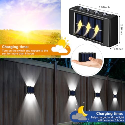 Rossesay 8 Pack Solar Wall Lights for Outside 6000K Cold Solar Fence Lights Up and Down Summer LED Outdoor Decorative Waterproof Lamps Dusk to Dawn LED Lighting Wall Sconces for Outside Deck Garage - Image 2