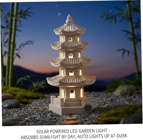 Pagoda Garden Statue Solar Powered Pagoda Lantern Resin Outdoor Zen Japanese Garden Decor for Balcony, Patio, Porch, Yard 11.4x4.7x4.7 inch Khaki - Image 5