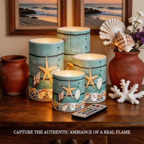 Flameless Light Candles Battery Operated Candles with Color Changing Timer Remote Control Fake Pillar Candle Tealights Home Indoor Beach Coastal Decoration, Starfish Shell Wood Grain - Image 5