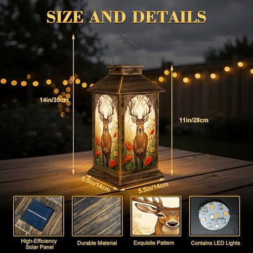 Solar Lantern Outdoor Garden Hanging Lantern Majestic Deer Large Antlers Ornate Vibrant Floral Forest Waterproof Solar Powered Lighting Outside Table Lamp for Patio Deck Yard Camping - Image 2