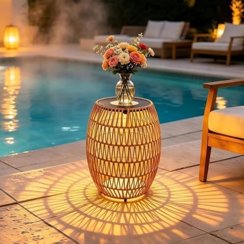 Solar Outdoor Side Table, Boho Handwoven Drum Rattan, 12.8" D x 16.9" H by TWINKVILLA