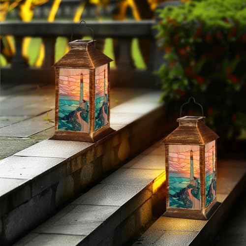 Solar Lantern Sunset Lighthouse Stained Glass Outdoor Garden Hanging Lantern Waterproof Solar Powered Lighting Outside Table Lamp for Deck Yard Camping Patio Decor - Image 6