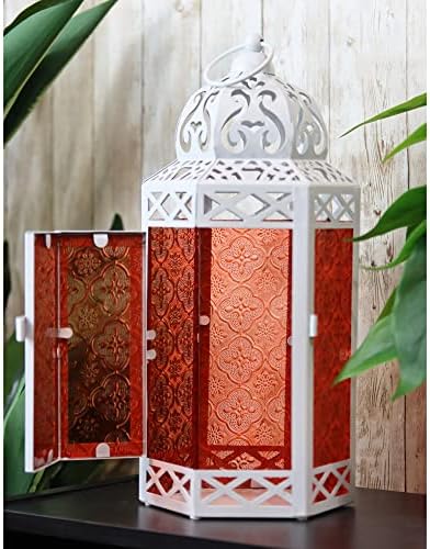 Vela Lanterns Decorative Indoor Candle Holder Table Centerpieces - Moroccan Hanging Outdoor Patio & Porch Home Decor, Turkish Lamp for Wedding, Ramadan (Large 12", White Red) - Image 2
