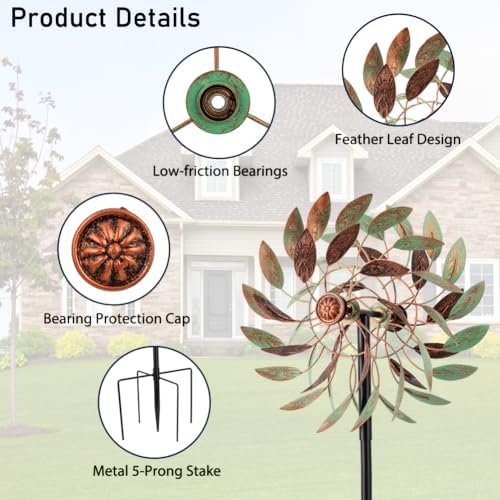 VEWOGARDEN 360° Outdoor Metal Wind Spinners Kinetic Wind Sculptures & Spinners for Yard Garden Lawn Patio Decorations, Light Green & Bronze - Image 4