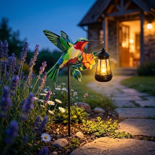 Hummingbird Solar Stake Lights Outdoor Waterproof, 2 Pack Metal Garden Statues with Hanging Lanterns, Path Light Yard Art Decor, Birthday Gifts for Women Mom, Patio Backyard Lawn Ornaments - Image 7
