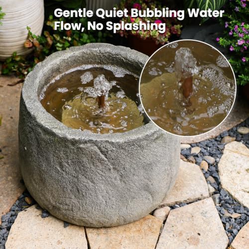 Tankana Compact Round Faux Stone Trough Water Fountain Outdoor Bubbler Water Feature Indoor with Solid Copper Tubing & Hidden Pump, Cottage Garden Yard Patio Entryway Meditation Fountain, Gray - Image 2