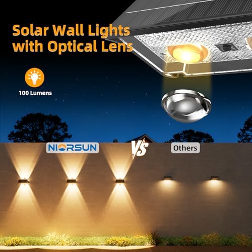 NIORSUN Solar Fence Lights Outdoor, 8 Pack Up and Down Waterproof Solar Wall Lights, Warm & Cool White + RGB, Fence Lights with Lens, Dusk to Dawn Lighting for Patio, Backyard, Pool, Railing (Black) - Image 3