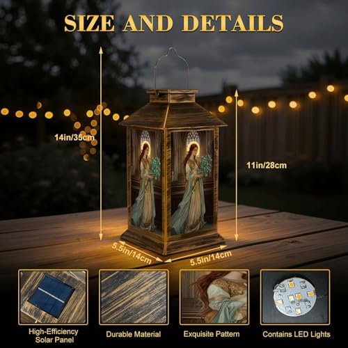 Solar Lantern Outdoor Garden Hanging Lantern Gothic Stained Glass Window Art Nouveau Saint Eucalyptus Waterproof Solar Powered Lighting Outside Table Lamp for Patio Deck Yard Camping - Image 2