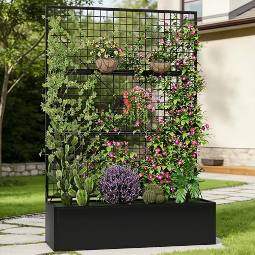 Privacy Planters for Patio – Metal Raised Garden Bed with Trellis and Privacy Screen, 71"×47.2"×16" Planter Box with Drainage Holes for Climbing Plants, Vegetables, and Vines, Outdoor Backyard Black by HOLCEPZN