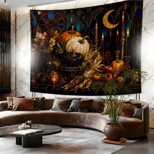 Halloween Pumpkin Tapestry, Gothic Moon Stained Glass Fall Decor 70x90inch - Image 5