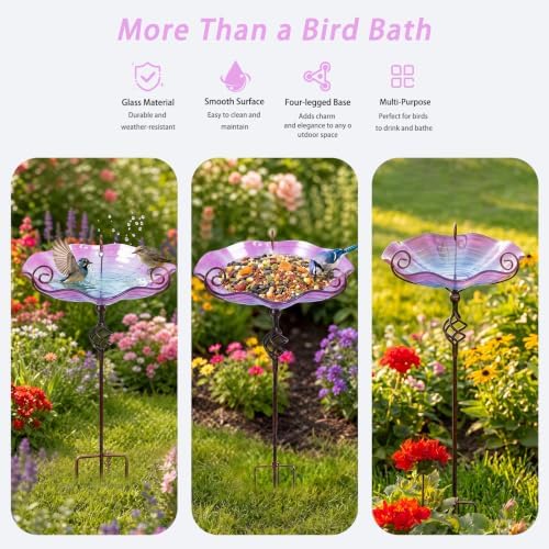 MUMTOP Glass BirdBaths, Garden Outdoor Birdfeeder with Metal Stake, Purple - Image 4
