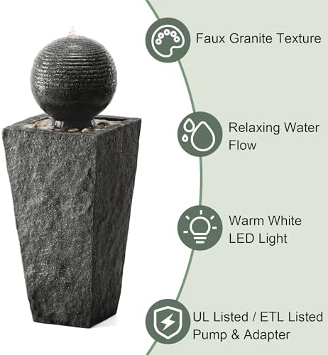 Glitzhome Outdoor Water Fountain, Outdoor Fountain with Pebbles, Pump and LED Light, 31.75" H Modern Geometric Pedestal and Sphere Polyresin Waterfall Fountain for Patio, Backyard, Garden, Deck Decor - Image 4
