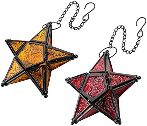 Romadedi 2-Pack Orange & Red Glass Hanging Star Lanterns for Tea Light by ROMADEDI