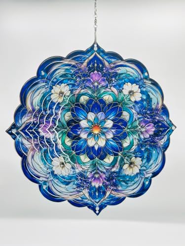 Shwing 12 Inch Wind Spinner Hanging Wind Sculptures Purple Blue Floral Metal Decor Double Sided Outdoor Kinetic Garden Art 3D Wind Spinner Hanging Ornament for Patio Porch Balcony Backyard Tree Decor - Image 6