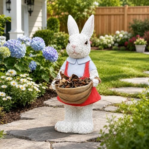 Pink Bunny Planter Garden Statue with Basket, 16.14in Resin Outdoor Decor by Guioiby