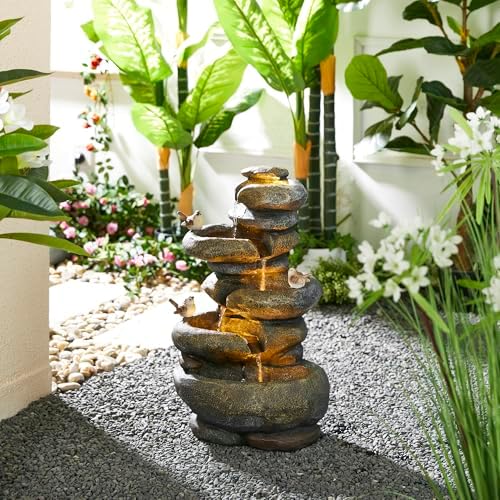 Glitzhome Natural 5-Tiered Stacked Stone Polyresin Outdoor Fountain with Birds, Pump and LED Light, 23''H - Image 4
