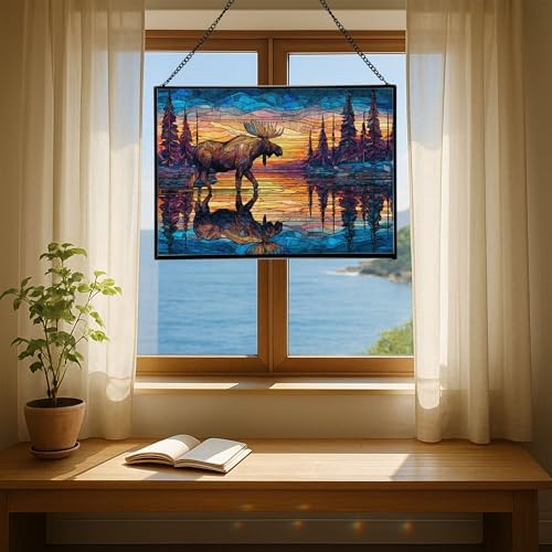 Moose Wading Through Shimmering Lake Rectangular Stained Glass Suncatcher – Hanging Window Panel with Animal & Nature Scene – Vibrant Glass Art Gift for Wildlife, Fantasy, Nature Lovers OAlBEX - Image 6
