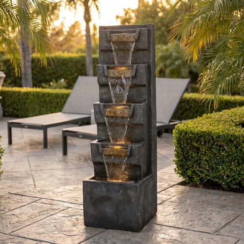 39.37 Inch Outdoor Water Fountain, 4 Tier Resin Cascading Water Feature with Warm LED Lights, Quiet Pump for Patio Garden Porch - Image 5