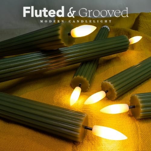 6 Pack, 10" LED Flameless Real Wax Sage Olive Loden Green Fluted Ribbed Grooved Taper Candles, Remote & 24h Timer Memory, On/Off Button, Dimmable, Flicker Mode, Battery Operated, Wedding - Image 3