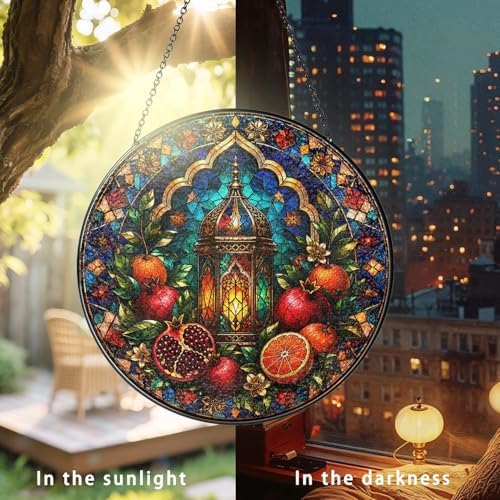 Stained Glass Window Hanging Lantern and Pomegranate Sun Catchers Colorful Mediterranean Fruit Glass Art Suncatchers for Living Room Garden Outdoor Indoor and Home Decor (9.8x9.8 in) - Image 4
