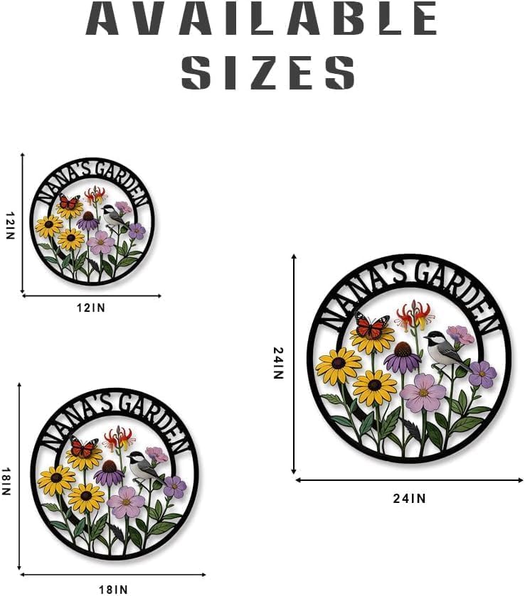 Nana’s Garden Custom Metal Wall Decor – Round Laser-Cut Plaque with Chickadee Bird, Monarch Butterfly & Blooms, Exquisite Floral & Bird Pattern, Heavy-Duty Weather-Resistant Metal Decor, Thoughtful Gift for Grandma, Outdoor Garden, Patio and Home Wall ... - Image 6