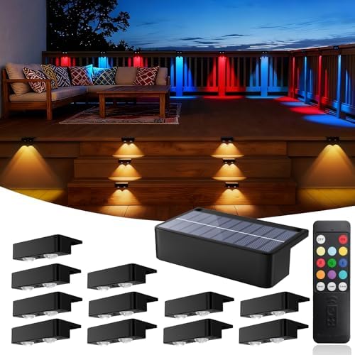 Solar Fence Lights with Remote 12 Pack, 9 Fixed Colors 12 Modes, Fence Lights Solar Powered Outdoor Waterproof, Warm/Cool White, RGB LED Deck Lights for Step/Yard/Railing/Balcony/Patio/Stairs/Outside by MIFISH