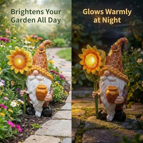 Lyeasw Solar Garden Gnomes Gifts - Garden Gnome Decor Outdoor - 8.3 Inch Honey Pot Funny Figurines for Birthday Anniversary Gardening, Unique Sunflower Decorations for Mom & Grandma Yard Patio - Image 3