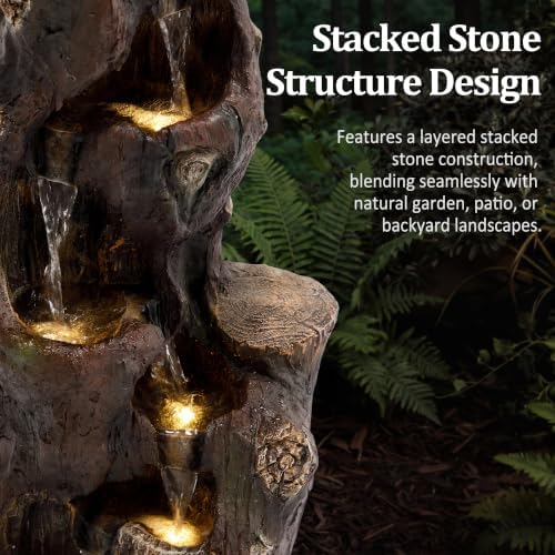 39.0" Tall Outdoor Water Fountain, 4 Tier Cascading Bowls and Stacked Water Fountain with LED Lights, for Yard Décor, Backyard, Patio and Deck (39.0'') - Image 2