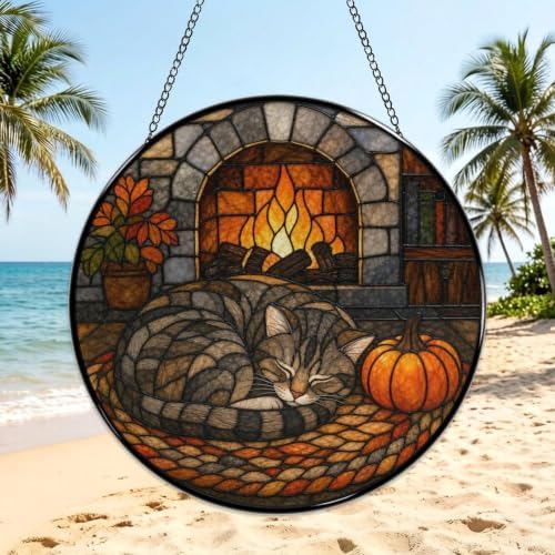 Fireplace Sleeping Cat Stained Glass Suncatcher 11.8" Colorful Window Hanging Ornament, Sun Catcher Decor for Bathroom Front Door Living Room Home Wall Garden - Image 3