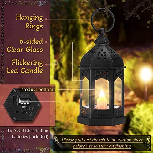Cunhill 12 Pieces Mini Lanterns with Flickering LED Candle Vintage Decorative Hanging Candle Lanterns for Ramadan Wedding Decorations Party Table Centerpiece, Battery Included(Black) - Image 3