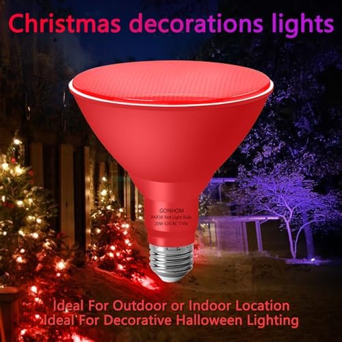 Gonhom PAR38 Flood Lights Outdoor,Dimmable LED Flood Light Bulbs,20W(Equivalent to 200W),E26 Base,Outdoor Porch,Holiday Lighting,LED Flood Light Bulb for Halloween,Christmas,4 Pack Red - Image 2