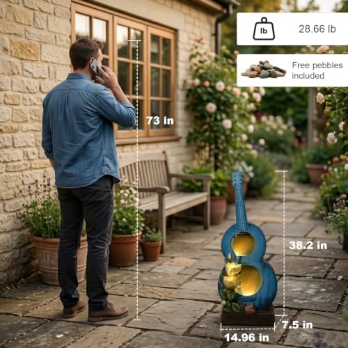 38.2" H Outdoor Water Fountain with LED Lights, Guitar Design Cascading Water Feature for Garden Patio Backyard Porch Yard Decor - Image 2