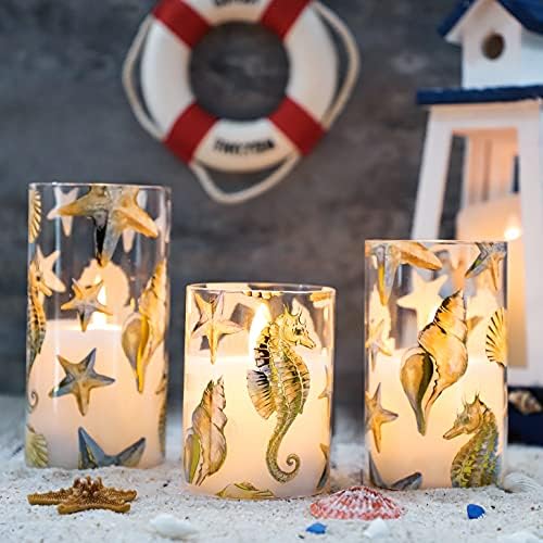 Nautical Flameless Candles Flickering Starfish Seahorse Battery Operated Candles with Remote - Bedroom Party Christmas Ocean Summer Decor - Set of 3 - Image 4