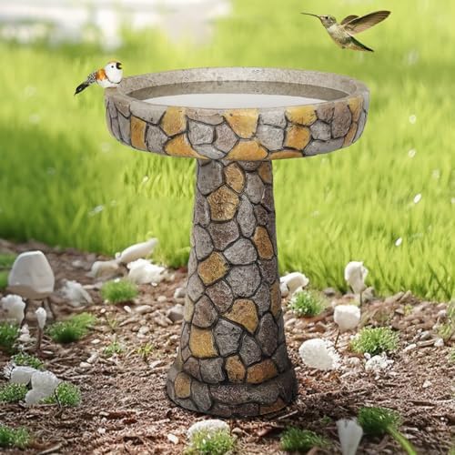 watnature Stone Like Outdoor Bird Bath - Concrete Freestanding Patio Birdbath with Pedestal for Garden, Patio, Yard, Lawn - 18.8”L X 18.8”W X 24”H Rustic Faux Stone Pedestal Outdoor Garden Birdbaths by watnature