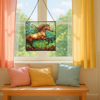 Brown Dutch Warmblood Horse Galloping Along Wild Hedgerow Square Suncatcher – Stained Glass Style Window Panel with Pastoral Scene, Custom Decorative Hanging Art for Equestrian Home, Christmas 3wkf38 - Image 4