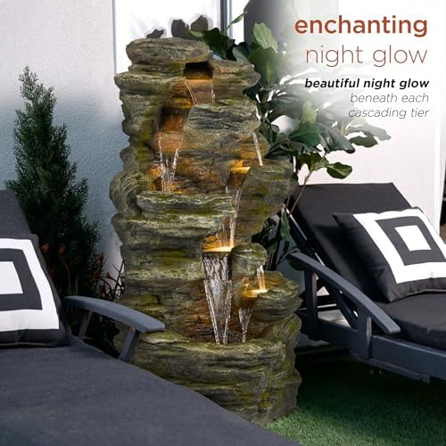 Alpine Corporation WIN1092 Outdoor Multitiered Rock Waterfall Floor Fountain with Warm White LED Lights, 51" Tall, Brown - Image 5