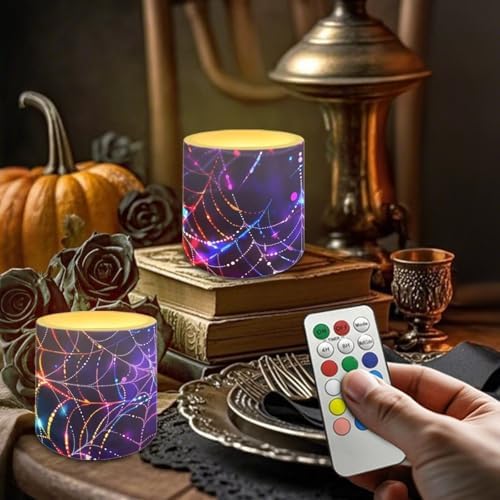 4Pcs Flickering Flameless Candles with Timer Battery Operated Candles with Remote Halloween Colorful Spider Web LED Pillar Tea Lights for Living Room Home Decoration - Image 3