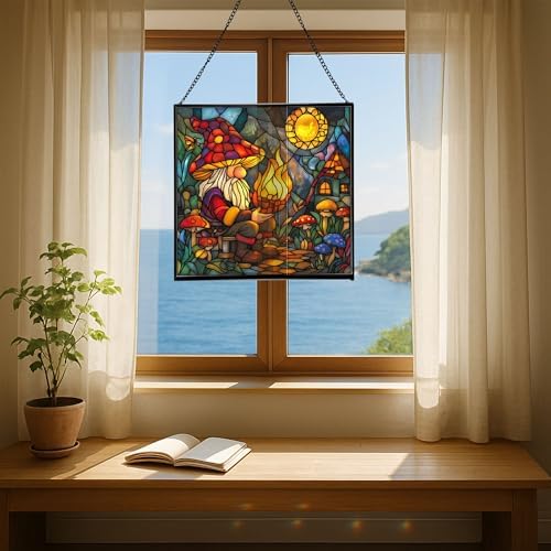 Gnome with Shadow Puppets Stained Glass Suncatcher – Square Hanging Window Panel for Home, Garden, Nursery, Halloween, Christmas, Memorial Day – Whimsical Glass Art Gift for Gnome Lovers cnc2mb - Image 6